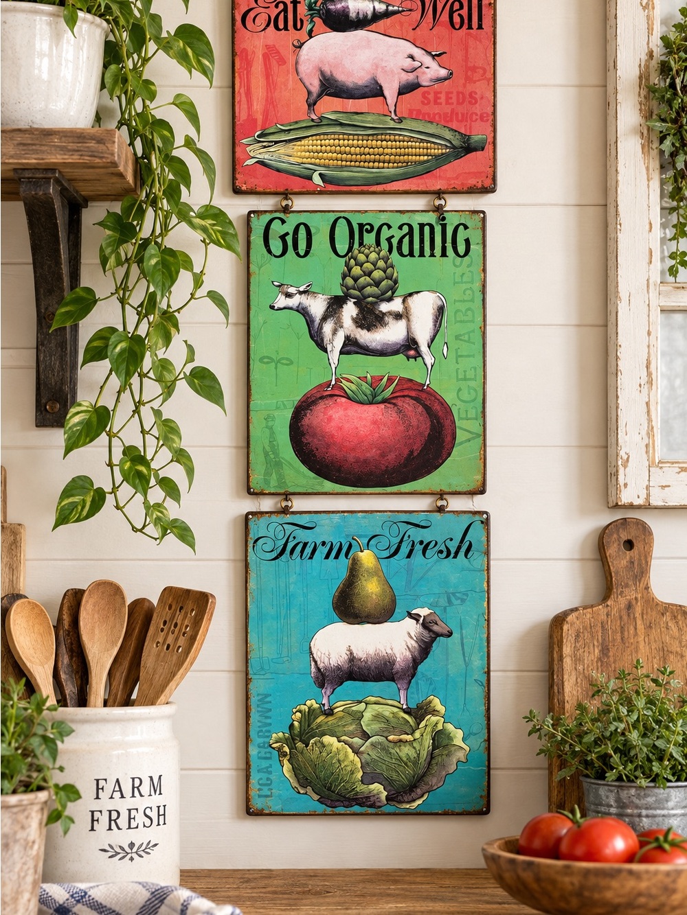 Go Organic Farm Fresh Wall Art Set - Green Red Blue Rustic Farm Prints